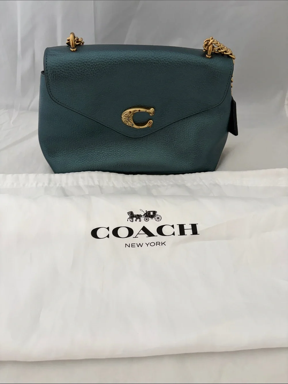 Coach Pebbled Leather Shoulder Bag in Teal Blue with Gold Hardware